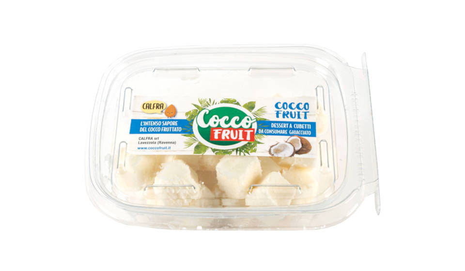 Tray of Coccofruit, mini fruity coconut cubes, an Italian product by Calfra