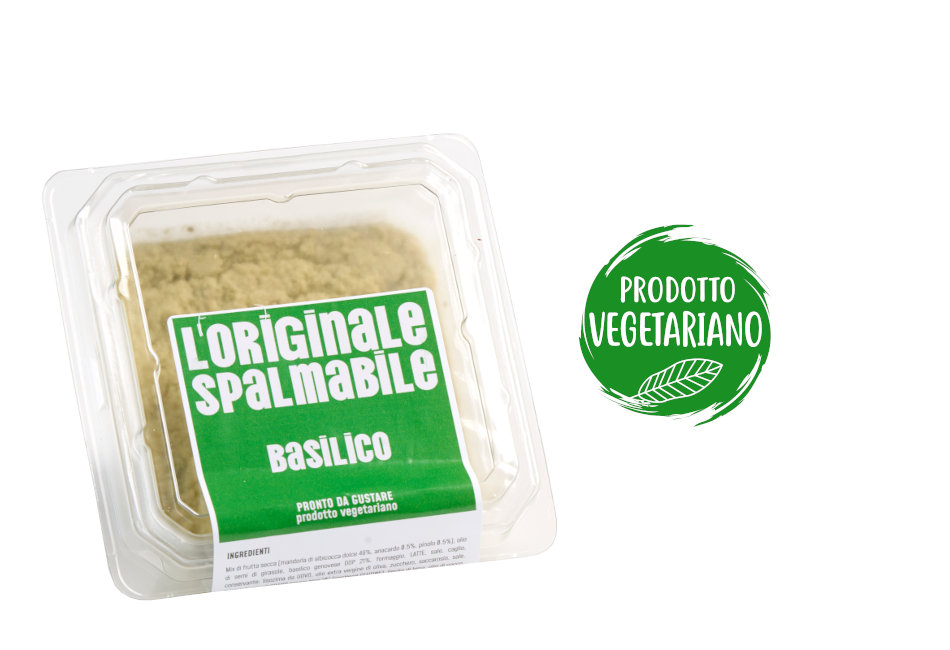 Vaschetta di L'Originale spalmabile Calfra con frutta secca e pesto alla genovese, prodotto artigianale ricco di fibre, proteine e vitamine