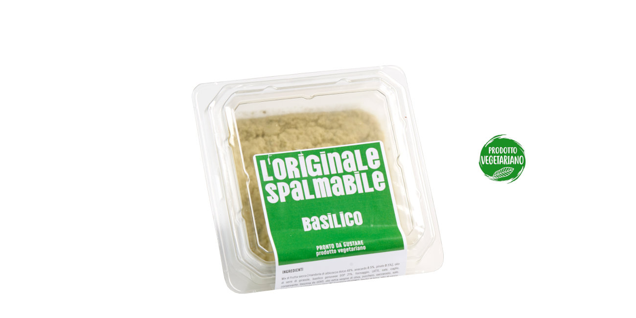 Vaschetta di L'Originale spalmabile Calfra con frutta secca e pesto alla genovese, prodotto artigianale ricco di fibre, proteine e vitamine
