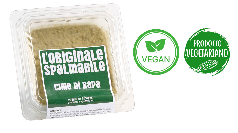 Vaschetta di L'Originale spalmabile Calfra con frutta secca e cime di rapa, prodotto vegano e vegetariano, ricco di fibre, proteine e vitamine