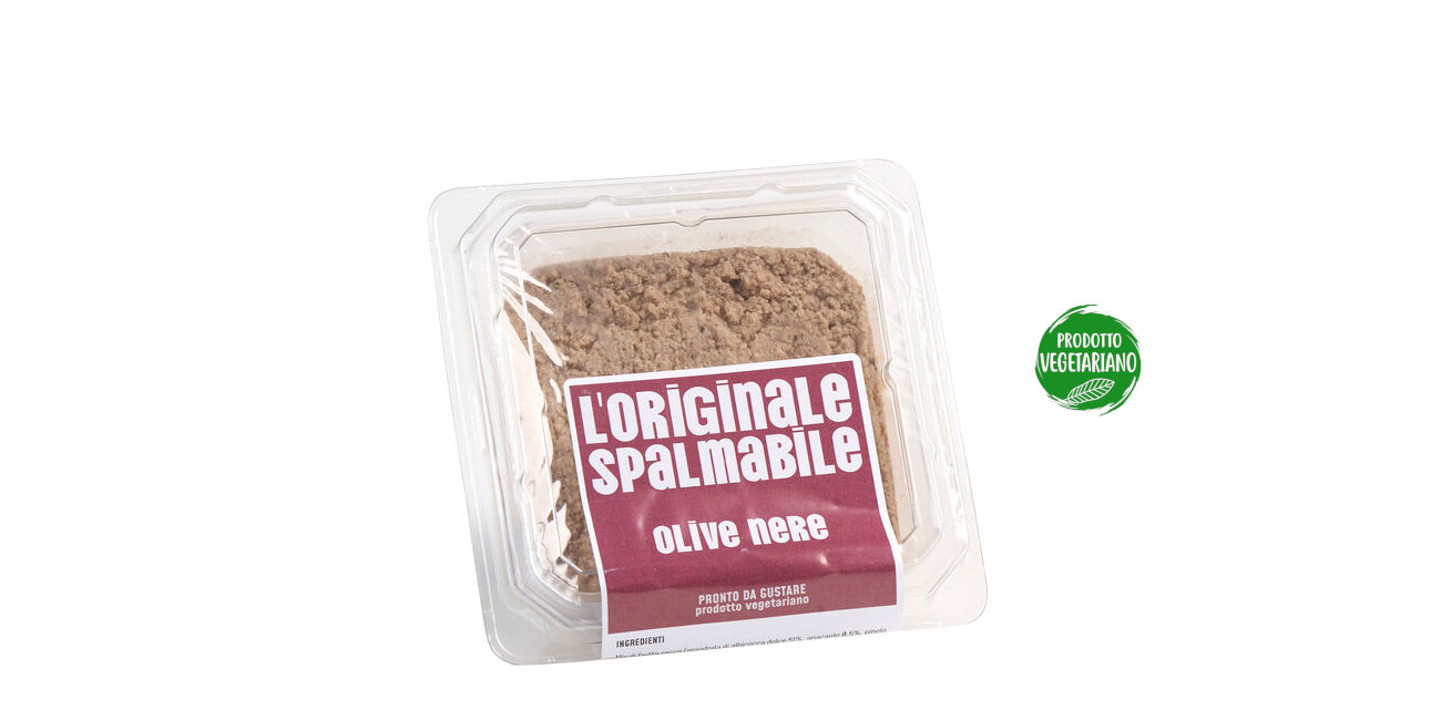 Vaschetta di L'Originale spalmabile Calfra con frutta secca e olive nere, prodotto vegetariano, ricco di fibre, proteine e vitamine