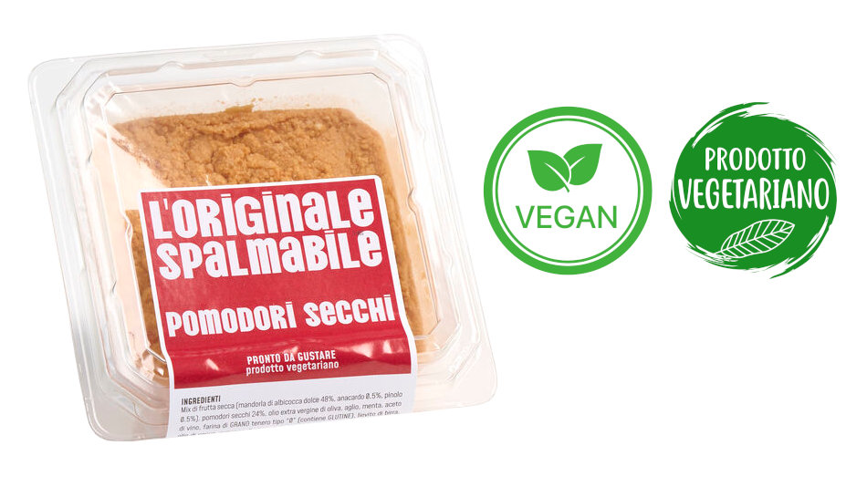 Vaschetta di L'Originale spalmabile Calfra con frutta secca e pomodori secchi, prodotto vegetariano, ricco di fibre, proteine e vitamine