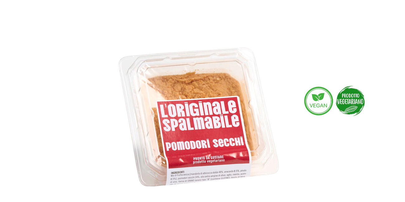 TVaschetta di L'Originale spalmabile Calfra con frutta secca e pomodori secchi, prodotto vegetariano, ricco di fibre, proteine e vitamine