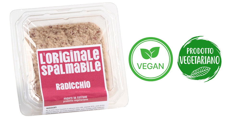 Vaschetta di L'Originale spalmabile Calfra con frutta secca e radicchio, prodotto vegetariano, ricco di fibre, proteine e vitamine