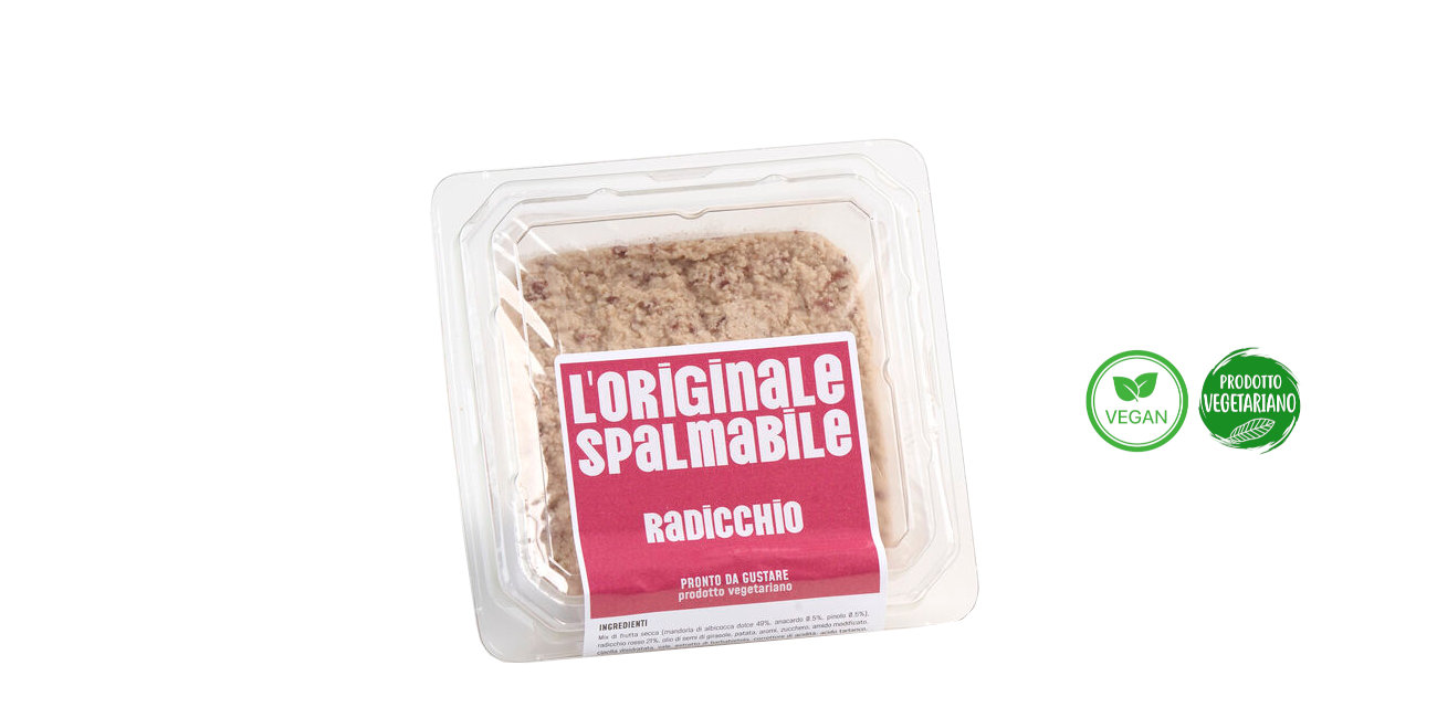 Vaschetta di L'Originale spalmabile Calfra con frutta secca e radicchio, prodotto vegetariano, ricco di fibre, proteine e vitamine