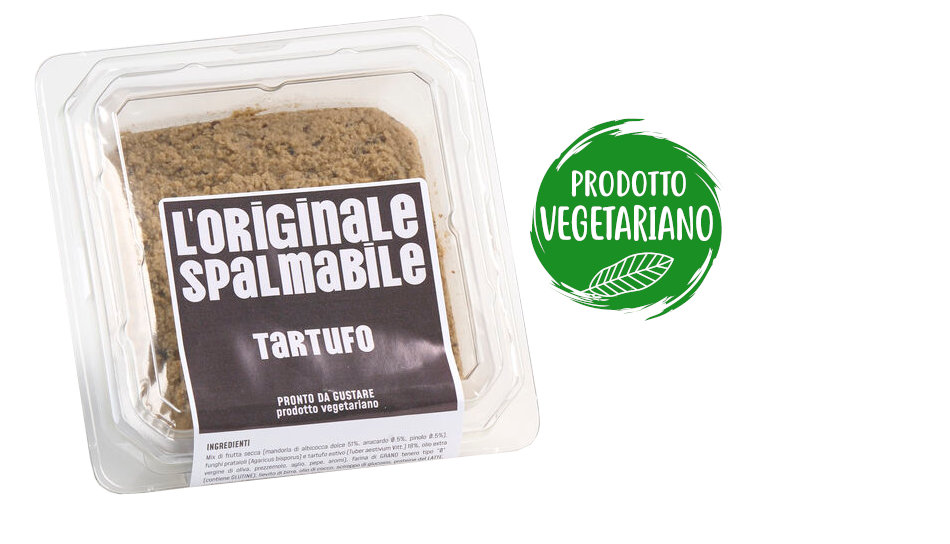 TVaschetta di L'Originale spalmabile Calfra con frutta secca e tartufo, prodotto vegetariano, ricco di fibre, proteine e vitamine