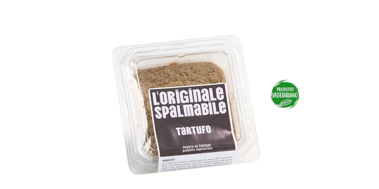 Vaschetta di L'Originale spalmabile Calfra con frutta secca e tartufo, prodotto vegetariano, ricco di fibre, proteine e vitamine