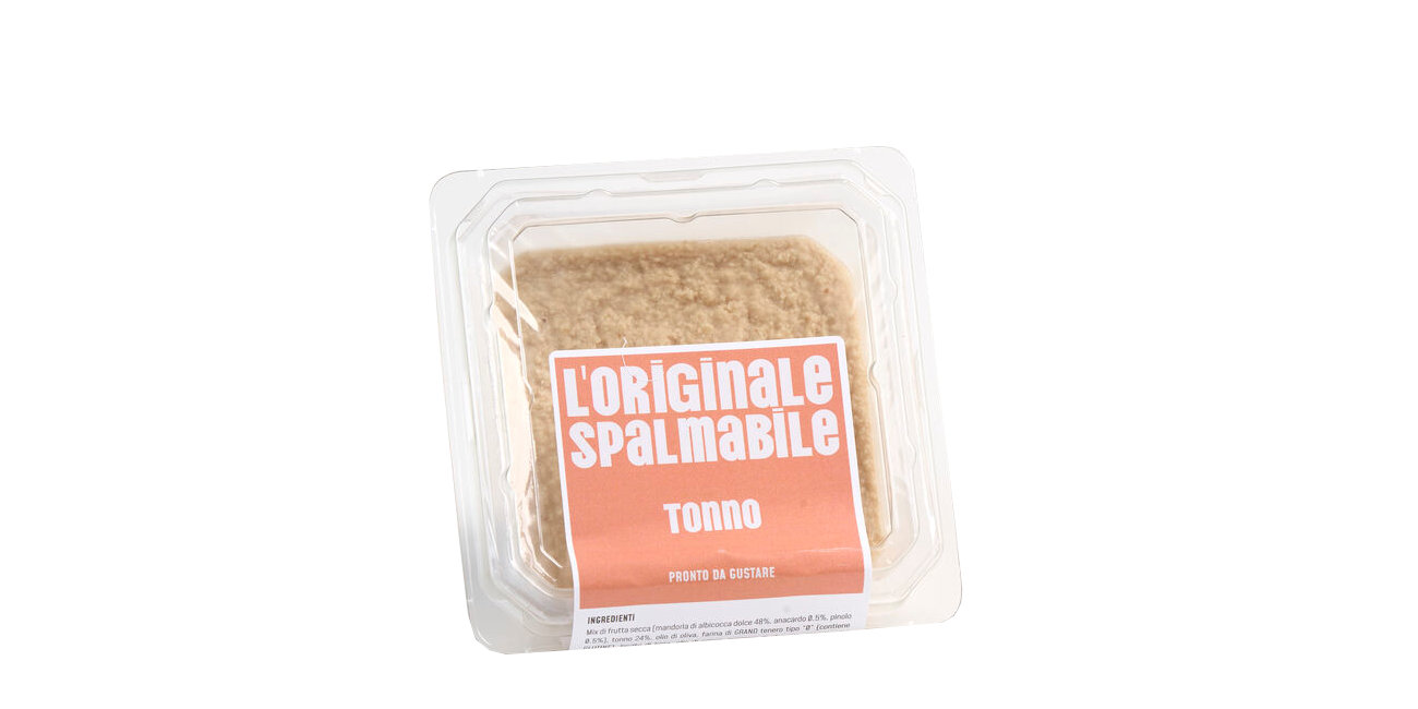 Vaschetta di L'Originale spalmabile Calfra con frutta secca e tonno, prodotto artigianale ricco di fibre, proteine e vitamine